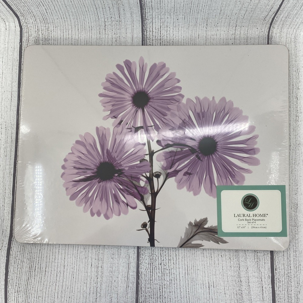 Laurel Home Placemats (Set of 4) White Purple Chrysanthemum Flower Cork Back